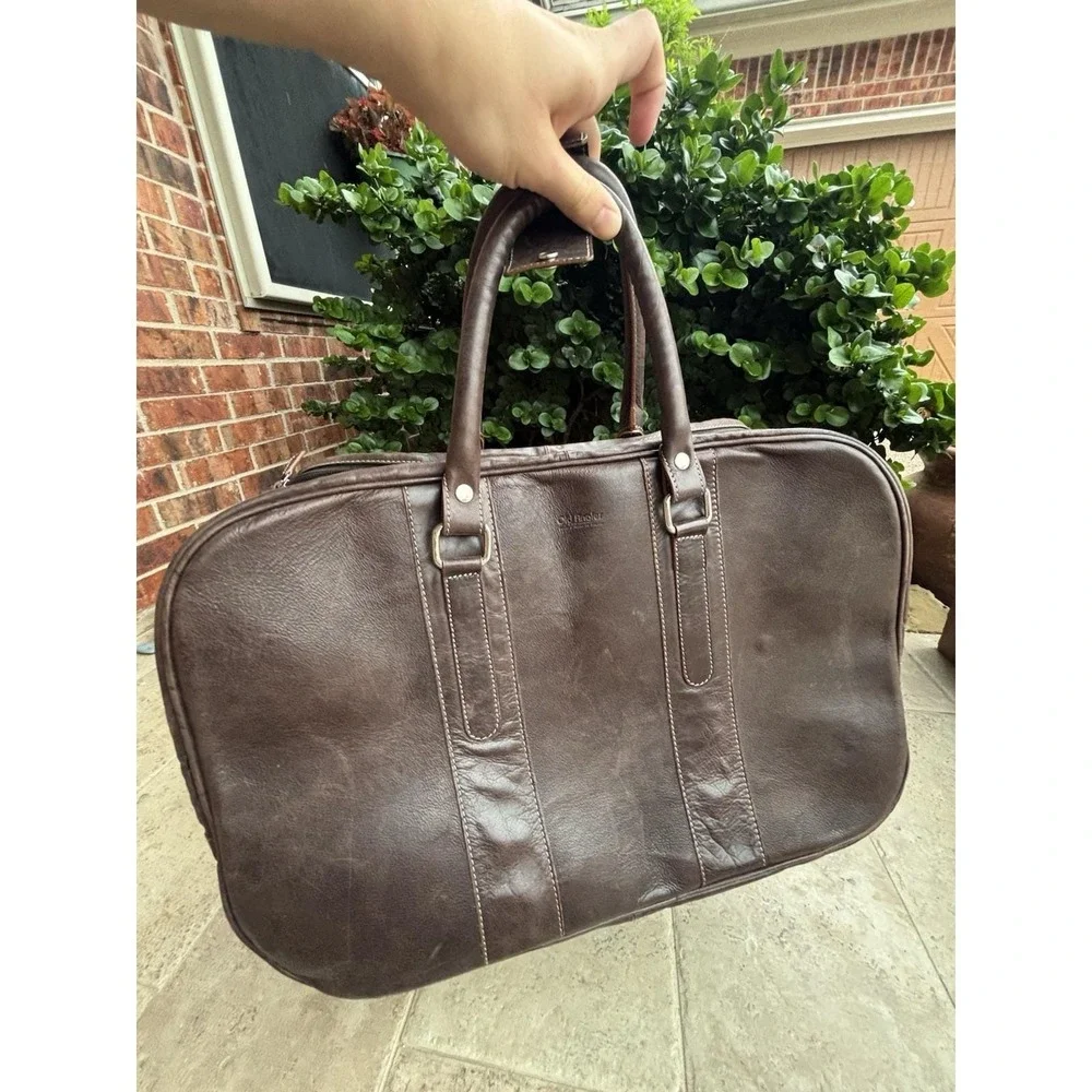 ⭐️Old Angler Italy Brown Leather Travel Bag⭐️2 Wheels Strap Outside Zip Pocket⭐️